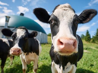 Black and white cows stand in a green field with a large round green structure and trees in the background under a bright blue sky