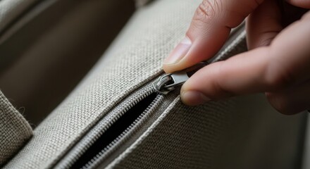 Hand zipping up fabric bag