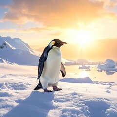 Fototapeta premium Emperor penguin standing in a snowy Antarctic landscape with golden sunlight reflecting off snow, mountains and icebergs, creating a warm backdrop