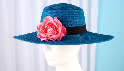 Teal straw hat with pink flower