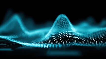 Abstract turquoise wave made of tiny dots on a dark background, creating a sense of depth and motion, with a soft focus and glowing effect