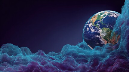Earth viewed from an alien planet's surface, showing textured blue and purple terrain. Background fades into a deep blue/purple
