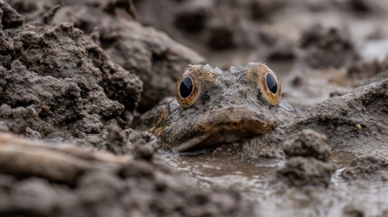 Obraz premium Muddy frog partially hidden in soil