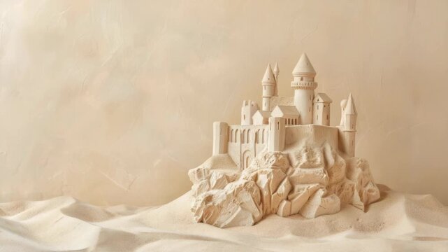 Intricate sandcastle with turrets and walls on beach