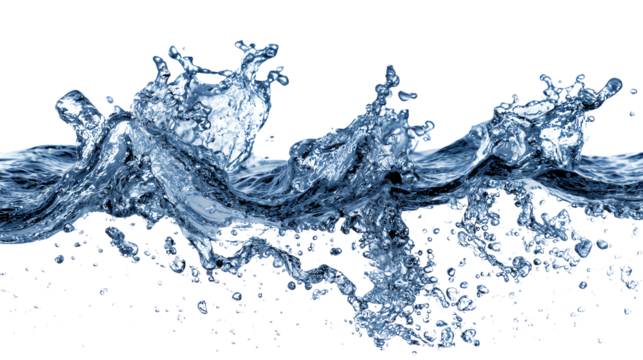 Dynamic splash of water with droplets, capturing the essence of freshness and vitality, ideal for beverage related designs or environmental themes.