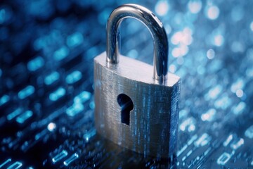Metal padlock centered on a blue circuit board background, shallow depth of field