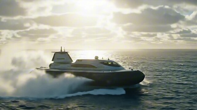 A modern hovercraft glides swiftly across the open ocean at sunrise or sunset, creating a large spray.