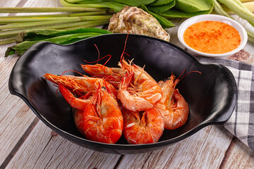 Delicous boiled tiger prawn with sauce
