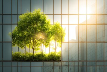 Trees and greenery are reflected on the windowed facade of a modern high-rise building on a bright, sunny day, showing nature in an urban setting