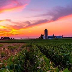 Sunset over a rural farm