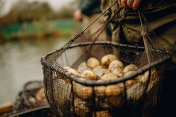 Close-up of a net filled with shimmering, golden carp, held by someone. A lake and trees fade into the blurry background, suggesting a lakeside location