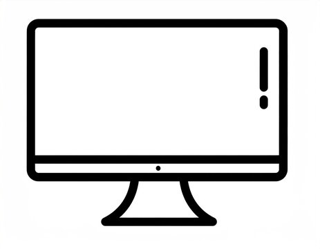 Stylized digital monitor outline. Flat design; screen is blank, base has decorative swoop. Modern, minimal aesthetic in black & white