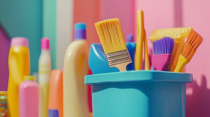 Vibrant painting supplies and colorful cleaning products create a cheerful scene perfect for home improvement or cleaning services ads