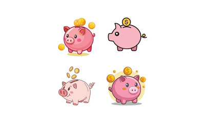 Cute Pink Piggy Bank Cartoon Vector Set for Saving Money