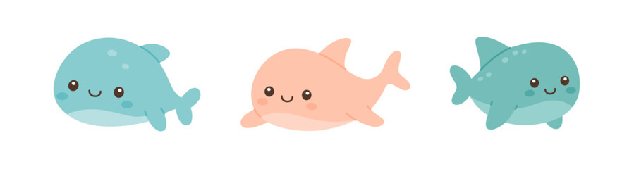 Cute cartoon whale characters in pastel colors. Marine animals for children designs and ocean-themed projects