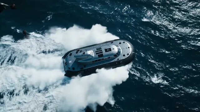 A futuristic silver hovercraft glides swiftly across the choppy blue ocean, leaving a trail of white foam in its wake.