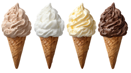 A delightful assortment of four ice cream cones featuring rich chocolate, creamy vanilla, and luscious flavors, all set against a vibrant white background.