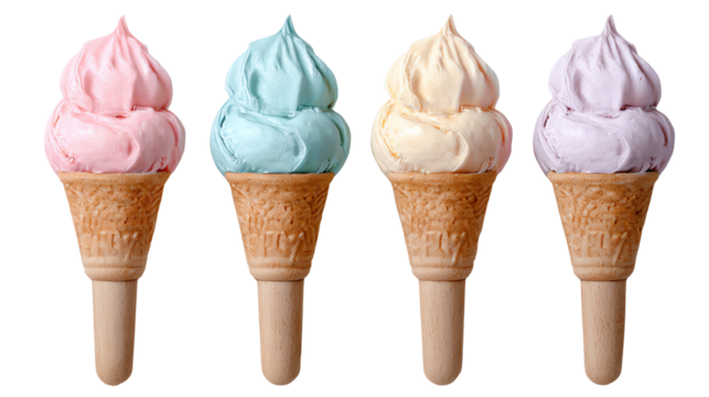 Four colorful ice cream cones, each topped with a different pastel flavor, arranged in a line against a white background, perfect for summer treats and desserts.