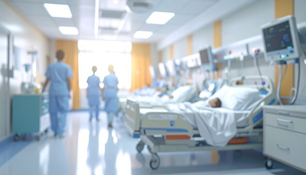 Blurred view of a hospital ward featuring hospital beds, medical equipment, and healthcare workers. Bright, sterile environment, focus on care