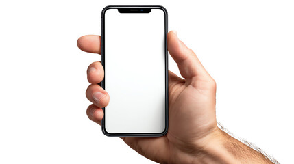A hand holding a modern smartphone with a blank screen, perfect for showcasing apps or customized content, isolated against a white background.