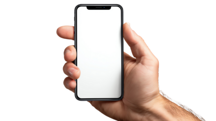 A hand holding a modern smartphone with a blank screen, perfect for showcasing apps or customized content, isolated against a white background.