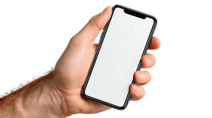 A hand holding a modern smartphone with a blank screen. Ideal for showcasing mobile application design, digital communication, or personal technology.