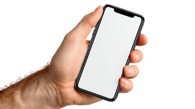 A hand holding a modern smartphone with a blank screen. Ideal for showcasing mobile application design, digital communication, or personal technology.