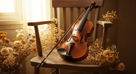 Violin resting on wooden chair amidst dried flowers.
