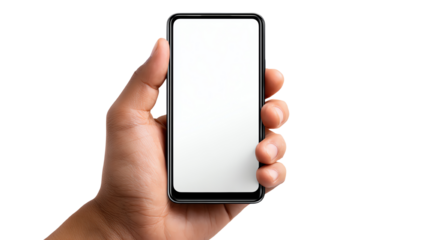 A hand holding a modern smartphone with a blank screen, ideal for app designs, marketing, or digital communications. Perfect for showcasing mobile technology and user interaction.