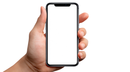 A close-up hand holding a smartphone with a blank screen, showcasing a modern device ready for customization or display