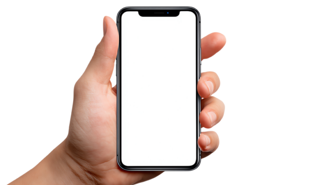 A close-up hand holding a smartphone with a blank screen, showcasing a modern device ready for customization or display