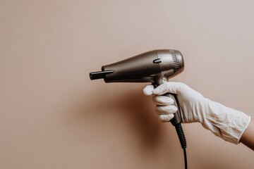 A gloved hand holds a dark metallic hairdryer against a beige background with subtle shadows, evoking salon styling or a beauty tutorial concept