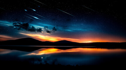 meteor. Vibrant meteor trails painting the night sky, mirrored perfectly in a tranquil alpine lake. travel magazines, destination branding, designed for outdoor magazines and nature guides.