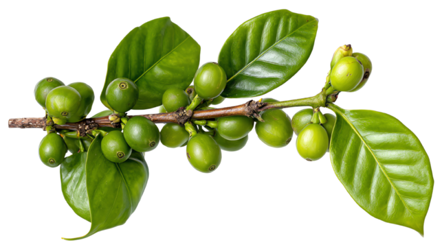 A vibrant branch of green fruits and leaves, featuring a variety of shapes and textures, showcasing the beauty of nature in a minimalistic style on a white background.