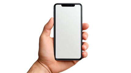 A person holds a modern smartphone with a blank screen against a transparent background, showcasing the sleek design and versatile features of mobile technology.
