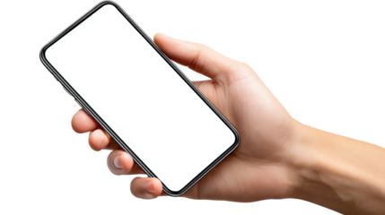 A hand holding a smartphone against a white background, showcasing the device's sleek design and blank screen, ideal for showcasing mobile applications or tech products.