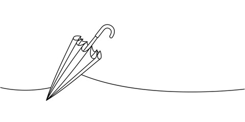Closed umbrella in continuous line minimalist art style, elegant vector design of folded parasol for rain protection and travel accessory