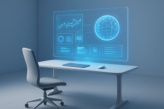 Clean 3D render of futuristic workspace with holographic screen.