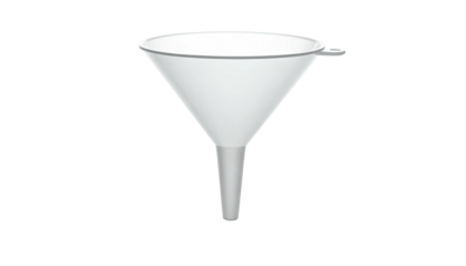 A white plastic funnel with a short stem and a small lip on one side, isolated on a black background