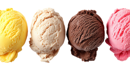 Four vibrant scoops of ice cream, including yellow, beige, brown, and pink flavors, neatly arranged on a white background, inviting a delightful taste experience.