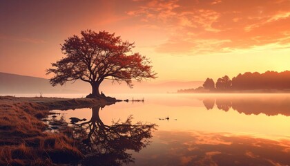 Fototapeta premium Golden sunrise bathes a lone tree by a tranquil lake, reflecting a painterly sky with soft clouds and hazy distant hills