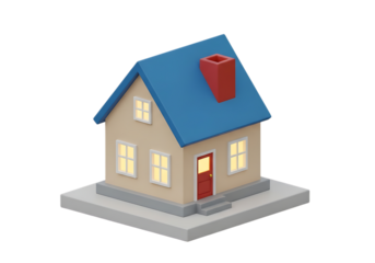 Illustration of a stylized 3d render of a small house with a blue roof and red door, isolated on a transparent background on transparent background