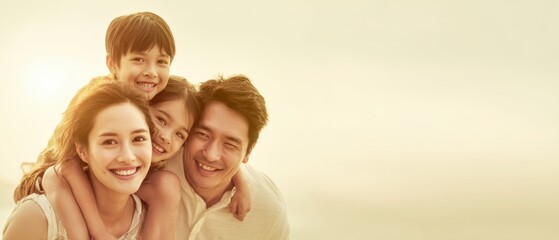 The joyful family enjoying a sunset at the beach together.