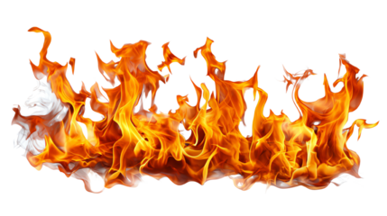 A vivid display of flames with vibrant orange and yellow colors, creating a dynamic fire effect against a transparent background.