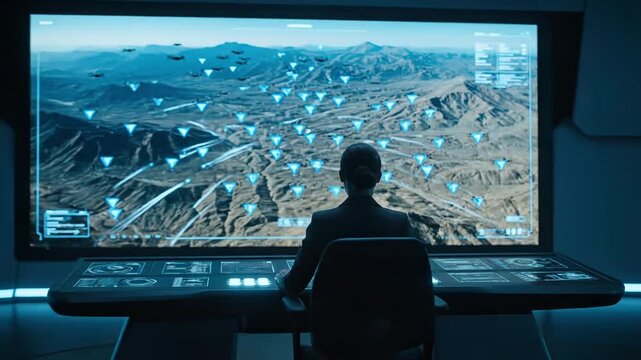 In a futuristic command center, skilled operators examine complex data on large screens. The atmosphere is intense as they make critical decisions while monitoring the detailed map.