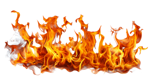 A vivid display of flames with vibrant orange and yellow colors, creating a dynamic fire effect against a transparent background.