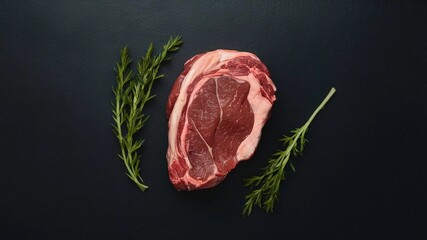 Flatlay of raw meat and herbs for food photography. Great for barbecue promotions, social media, and sophisticated compositions.