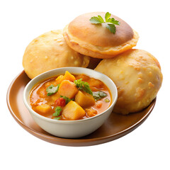 Crispy puri with spicy potato curry isolated on transparent background