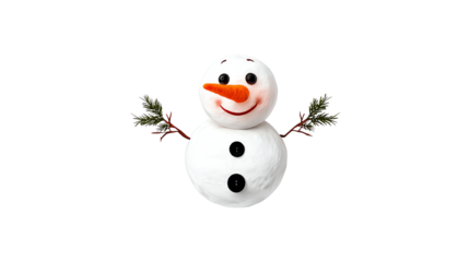 A cheerful snowman made of three white snowballs, adorned with a bright orange carrot nose and twig arms, standing against a white isolated background, evoking a festive winter spi