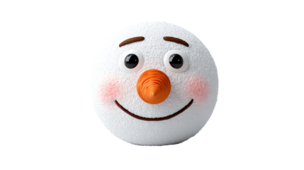 A cheerful, snowman-like character with a round white face, bright smile, and orange carrot nose, designed for a playful and festive atmosphere, isolated on a white background.